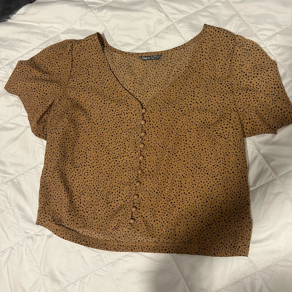 Black and Brown polka dotted button up cropped blouse